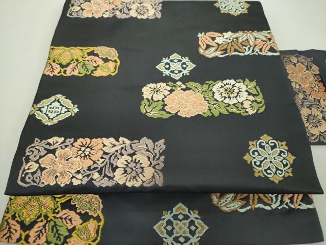 平和屋着物●九寸名古屋帯　唐織　横段花文　正絹　逸品　DAAZ0285ps