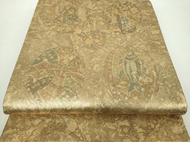 平和屋着物●石川県指定無形文化財　牛首紬　白山工房　手織り　全通柄袋帯　魚　丸文　金彩　正絹　逸品　DAAZ0340ps