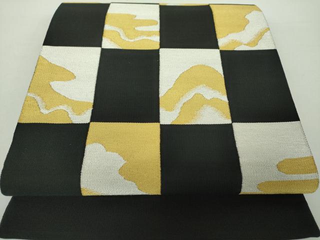 平和屋着物●綴れ　太鼓柄袋帯　市松文様　黒地　金銀糸　正絹　逸品　DAAZ0365ps