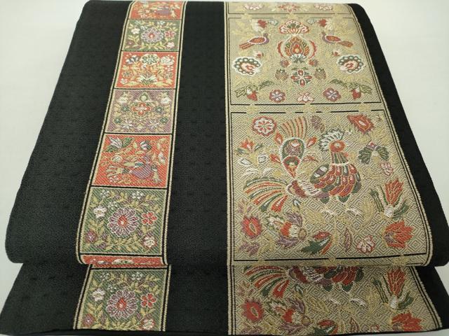 平和屋着物●六通柄袋帯　更紗花鳥間道　黒地　金銀糸　正絹　逸品　DAAZ0366ps