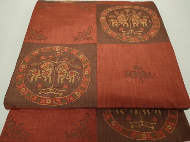 平和屋着物●名門木屋太　今河織物　六通柄袋帯　市松鳥獣花文　正絹　逸品　DAAZ0369ps