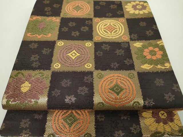 平和屋着物●六通柄袋帯　唐織　市松吉祥花文　遠州七宝　金糸　正絹　逸品　DAAZ0406ps