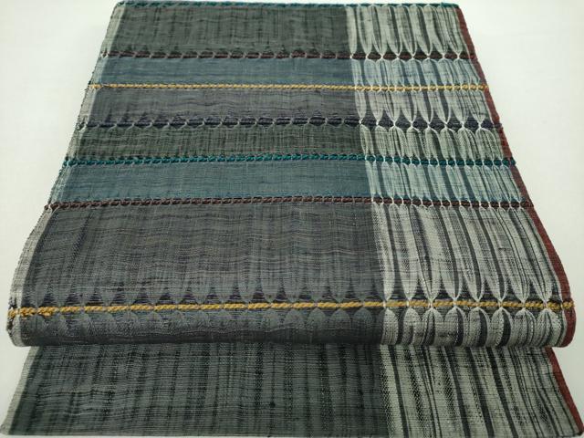 平和屋着物●西陣　老舗　渡文謹製　手織　すくひ　両面　太鼓柄袋帯　もじり織　横段文　銀糸　正絹　逸品　DAAZ0423ps