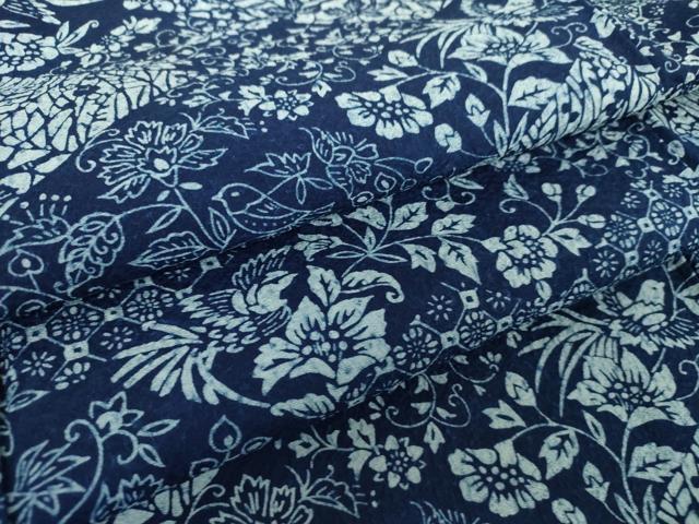 平和屋着物●本藍　型絵染　小紋　切嵌花鳥文　正絹　逸品　DAAZ0492ps