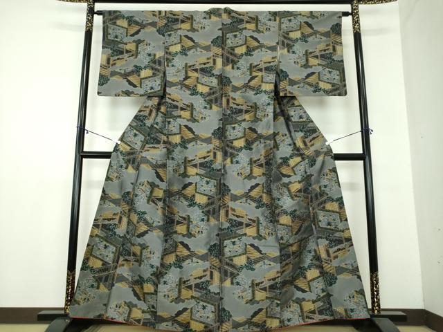 平和屋着物●上質な紬　風景花文　正絹　逸品　DAAZ0547ps