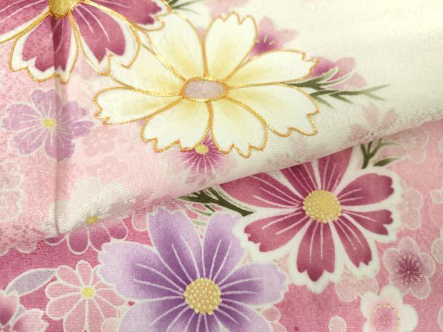 平和屋着物●豪華振袖　駒刺繍　舞花文　コスモス　暈し染め　金彩　正絹　逸品　DAAZ0608ps 平和屋着物○豪華振袖 駒刺繍 舞花文 コスモス 暈し染め 金彩 正絹