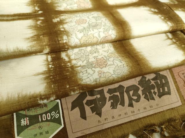 平和屋着物●伊那紬　格子更紗花文　証紙付き　正絹　逸品　未使用　DAAZ0740ps