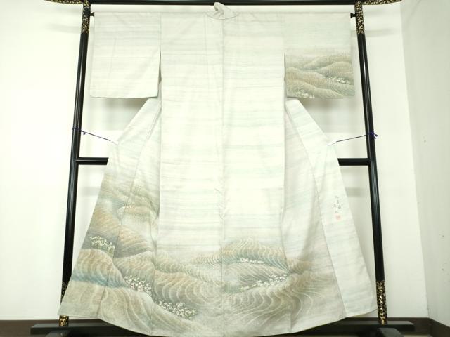 平和屋着物●紅花紬　米沢　猪俣尚紅　訪問着　手描き　流水花文　正絹　逸品　DAAZ0762ps