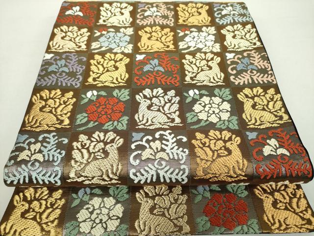 平和屋着物●日本舞踊家 岩井流宗元　岩井友見　両面　六通柄袋帯　市松名物裂花文　花兎　金銀糸　正絹　逸品　DAAZ0793ps