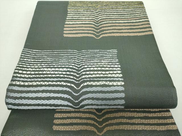 平和屋着物●六通柄袋帯　横縞　金銀糸　正絹　逸品　DAAZ0824ps