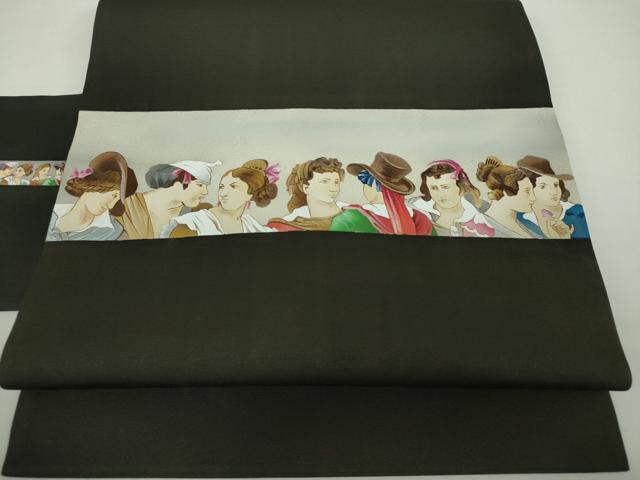 平和屋着物●塩瀬　九寸名古屋帯　手描き　西洋人　黒地　正絹　逸品　DAAZ0845ps