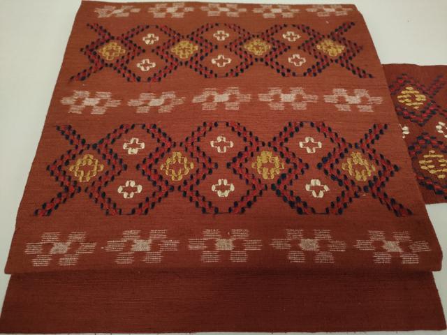 平和屋着物●本場琉球　読谷山花織　紬地　九寸名古屋帯　横段文　正絹　逸品　DAAZ0855ps