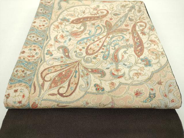 平和屋着物●太鼓柄袋帯　作家物　更紗花文　鬼しぼ縮緬　金彩　正絹　逸品　DAAZ0869ps