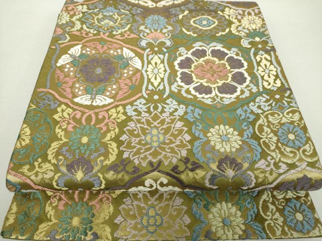 平和屋着物●六通柄袋帯　唐織　亀甲花文　金糸　正絹　逸品　DAAZ0872ps