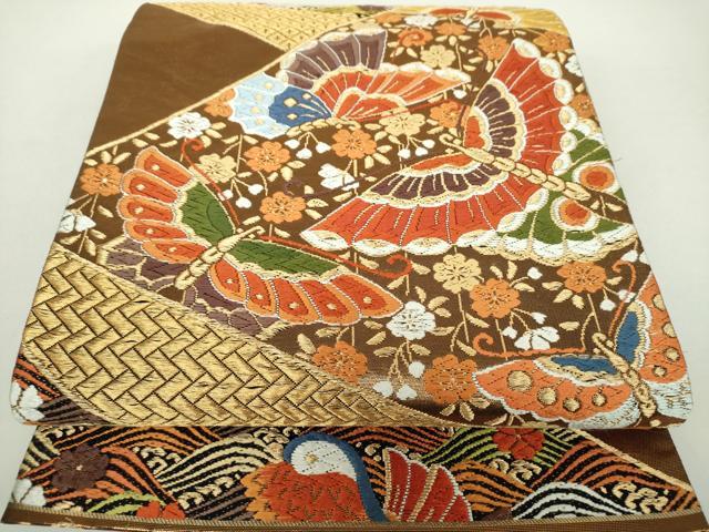 平和屋着物●西陣　河合美術織物謹製　六通柄袋帯　唐織　立波鴛鴦舞蝶花文　金糸　正絹　逸品　DAAZ0883ps