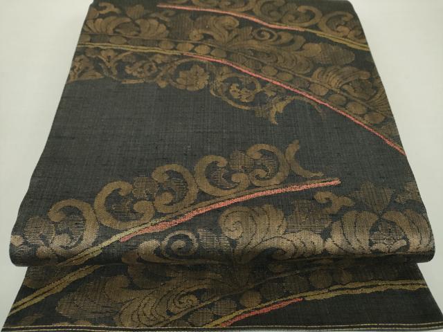 平和屋着物▽西陣　勝山謹製　六通柄袋帯　紬地　スリーシーズン帯　春　夏　秋　洋花唐草　金糸　正絹　逸品　DAAZ0886ps