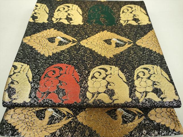 平和屋着物●両面　六通柄袋帯　名物裂　花兎　鶴菱　金糸　正絹　逸品　DAAZ0903ps