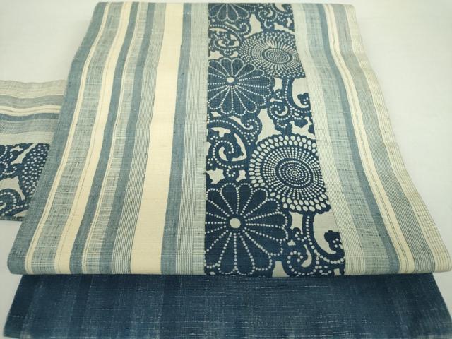 平和屋着物●紺仁謹製　九寸名古屋帯　紬地　正藍染　型染　菊唐草間道　正絹　逸品　DAAZ0948ps