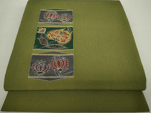 平和屋着物●九寸開き名古屋帯　刺繍　更紗花文　鬼しぼ縮緬　金彩　正絹　逸品　DAAZ0950ps