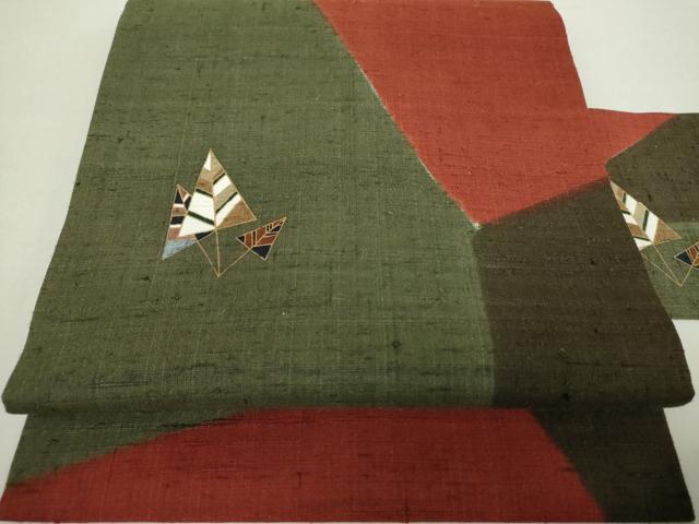 平和屋着物●九寸名古屋帯　生紬　枝葉文　正絹　逸品　DAAZ0952ps
