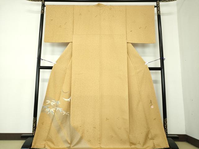 平和屋着物●友禅作家の巨匠　浅井青仁　訪問着　笹鳥文　金彩　ロング丈　正絹　逸品　AAZ0969ps