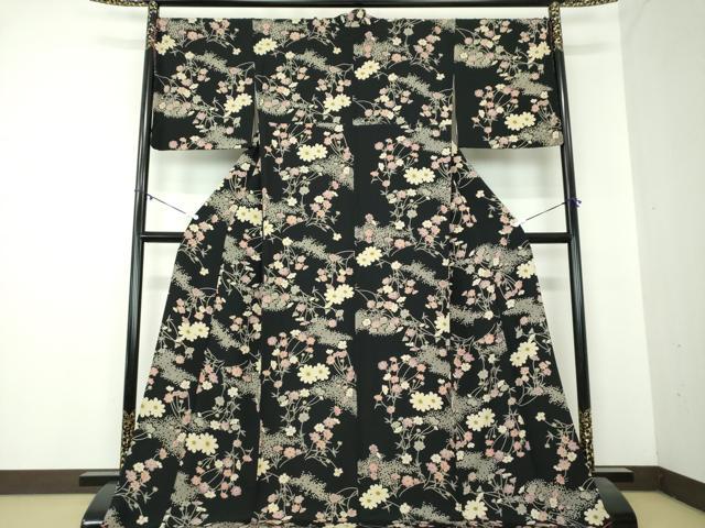 平和屋着物●上質な小紋　草花文　黒地　金彩　ロング丈　正絹　逸品　DAAZ0998ps