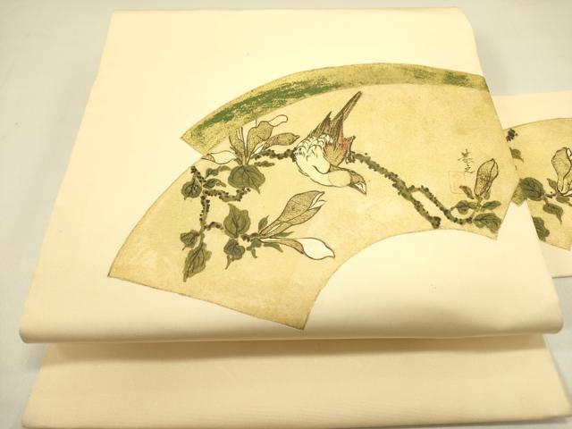 平和屋着物●塩瀬　九寸名古屋帯　地紙花鳥文　金彩　正絹　逸品　DAAZ2210op