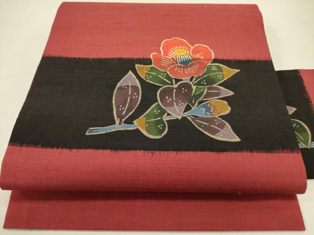 平和屋着物●九寸名古屋帯　紬地　型染　草花　正絹　逸品　DAAZ2212op