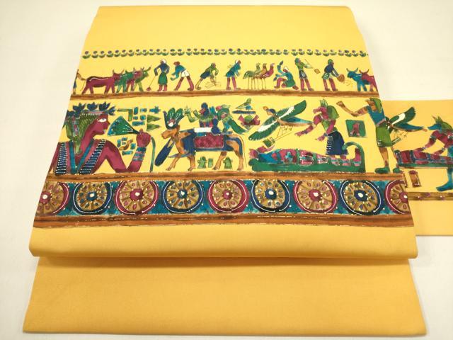 平和屋着物●塩瀬　九寸名古屋帯　エジプト壁画文様　金彩　正絹　逸品　DAAZ2227op