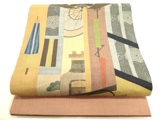 平和屋着物●太鼓柄京袋帯　紬地　切嵌　器物文様　正絹　逸品　DAAZ2239op