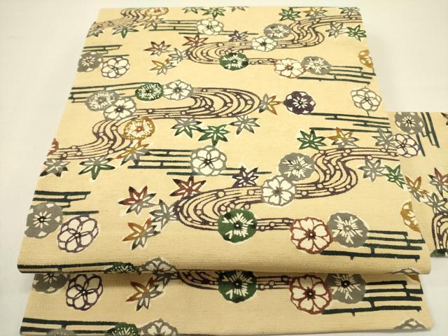 平和屋着物●九寸名古屋帯　紬地　型染　流水花文　正絹　逸品　DAAZ2274op