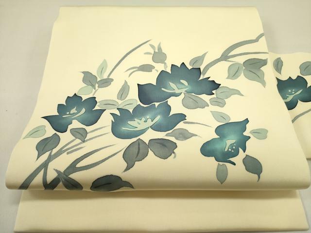 平和屋着物●塩瀬　九寸名古屋帯　手描き　草花　正絹　逸品　DAAZ2287op