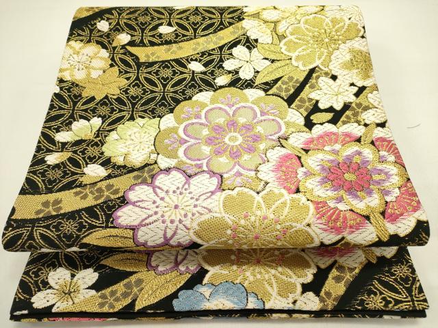 平和屋着物●六通柄袋帯　唐織　舞花　黒地　金糸　正絹　逸品　DAAZ2315op