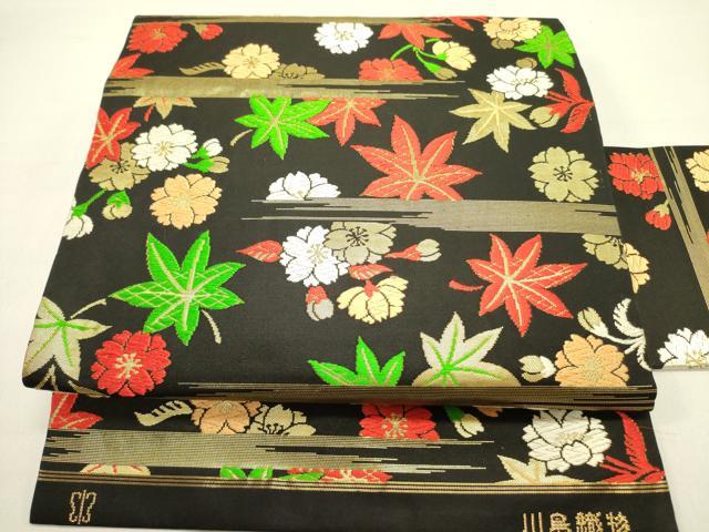 平和屋着物●西陣　川島織物　九寸名古屋帯　唐織　舞桜楓文　黒地　金糸　正絹　逸品　DAAZ2338op
