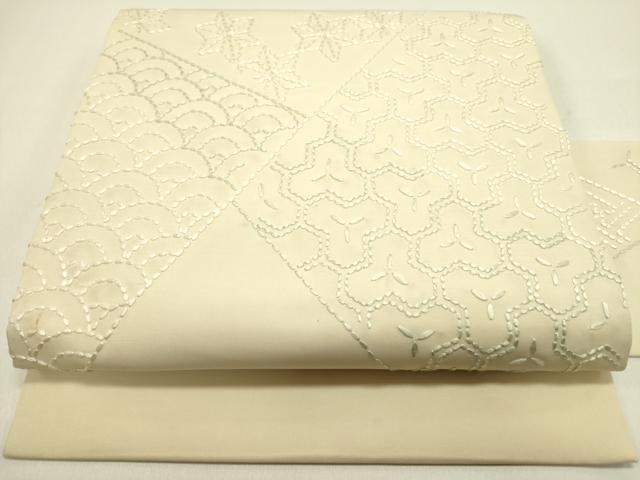 平和屋着物●塩瀬　九寸名古屋帯　刺し子　吉祥文　正絹　逸品　DAAZ2339op