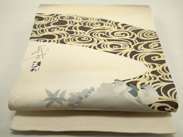 平和屋着物●染色作家　おだに武士　太鼓柄袋帯　流水鴛鴦文　金彩　正絹　逸品　未使用　DAAZ2352op