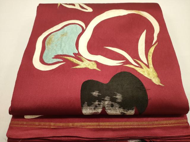 平和屋着物●アンティーク　大正ロマン　八寸名古屋帯　刺繍　一重帯　茄子　ナス　草花　成り物　金銀糸　正絹　逸品　DAAZ2369op