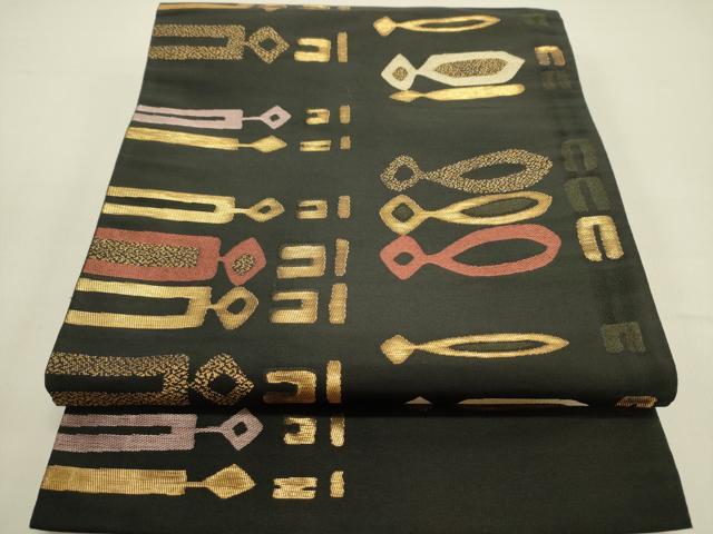 平和屋着物●六通柄京袋帯　抽象文様　黒地　金糸　DAAZ2370op