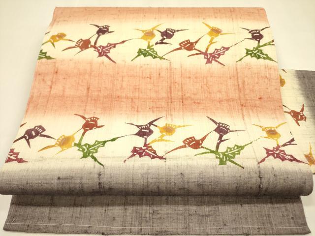 平和屋着物●九寸名古屋帯　型染　生紬　草花文　正絹　逸品　DAAZ2392op