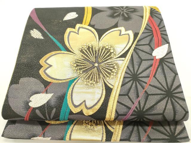 平和屋着物●全通柄袋帯　舞桜　黒地　金銀糸　正絹　逸品　DAAZ2794op