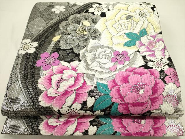 平和屋着物●六通柄袋帯　薔薇　バラ　金銀糸　正絹　逸品　DAAZ2819op
