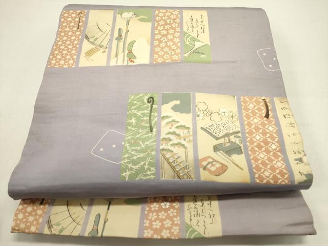 平和屋着物●アンティーク　大正ロマン　両面　全通柄京袋帯　駒刺繍　短冊文　正絹　逸品　DAAZ2831op