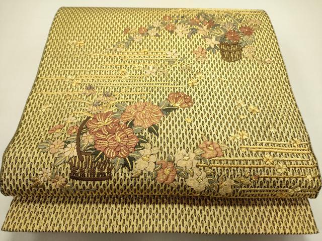 平和屋着物●ひなや工房　くむ・あむ・おる　伊豆蔵明彦　太鼓柄袋帯　総刺繍　花籠文　金糸　正絹　逸品　未使用　DAAZ2855op