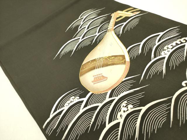 平和屋着物●塩瀬　太鼓柄袋帯　刺繍　楽器流水文　黒地　金彩　正絹　逸品　DAAZ2870op 平和屋着物○塩瀬 太鼓柄袋帯 刺繍 楽器流水文 黒地 金彩 正絹 逸品