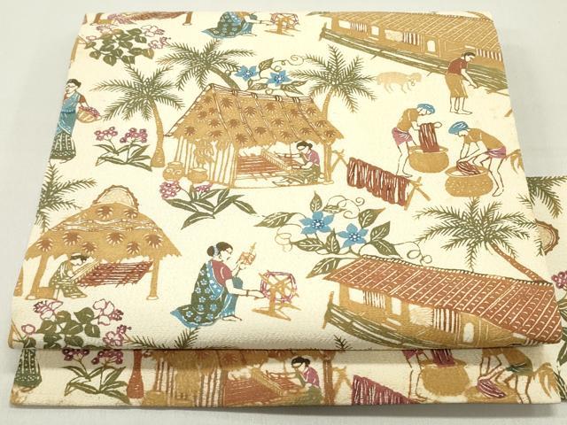 平和屋着物●全通柄九寸名古屋帯　型染め　風景人物花文　お召縮緬　正絹　逸品　DAAZ3017ob