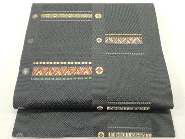 平和屋着物●本場筑前博多織　八寸名古屋帯　唐織　幾何学横段文　正絹　逸品　DAAZ3066ob