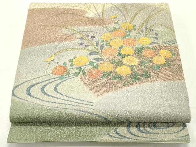 平和屋着物●木版作家　井堂雅夫　太鼓柄袋帯　刺繍　籬流水草花文　引箔　正絹　逸品　DAAZ3088ob