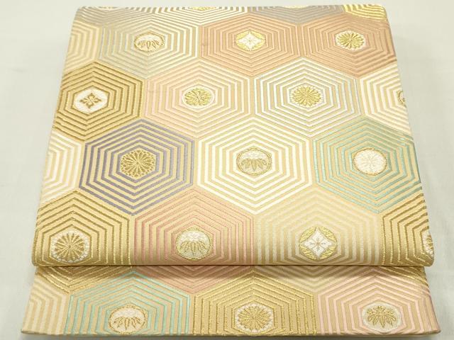 平和屋着物●両面　六通柄袋帯　唐織　亀甲花文　金糸　正絹　逸品　DAAZ3089ob