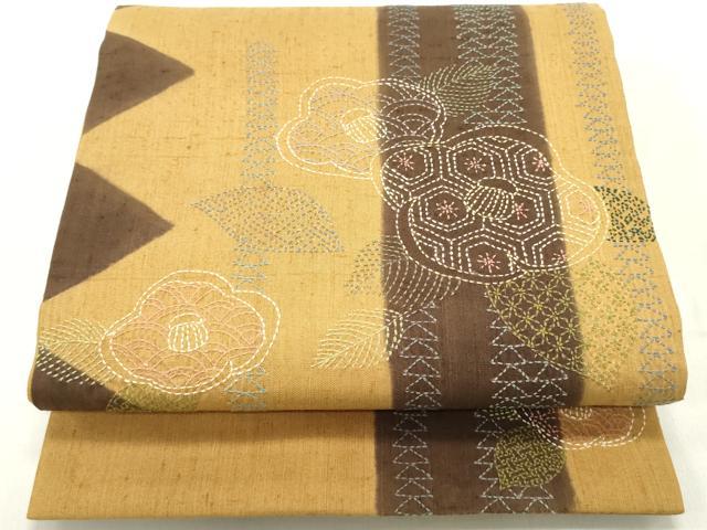 平和屋着物●六通柄袋帯　紬地　刺繍　刺し子　亀甲花間道　正絹　逸品　未使用　DAAZ3092ob