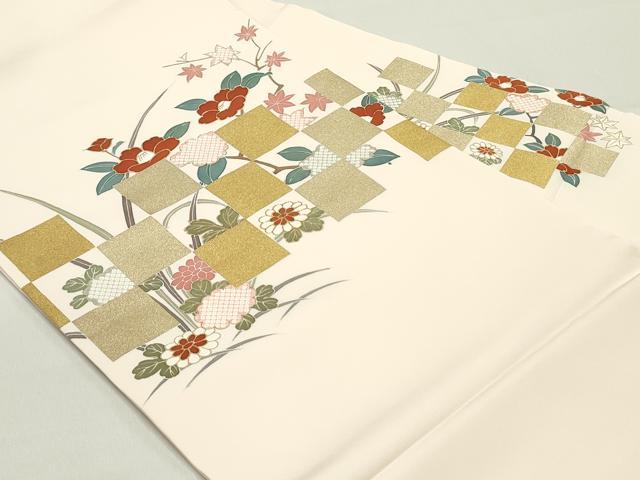 平和屋着物○塩瀬 九寸名古屋帯 駒刺繍 市松枝椿文 金彩